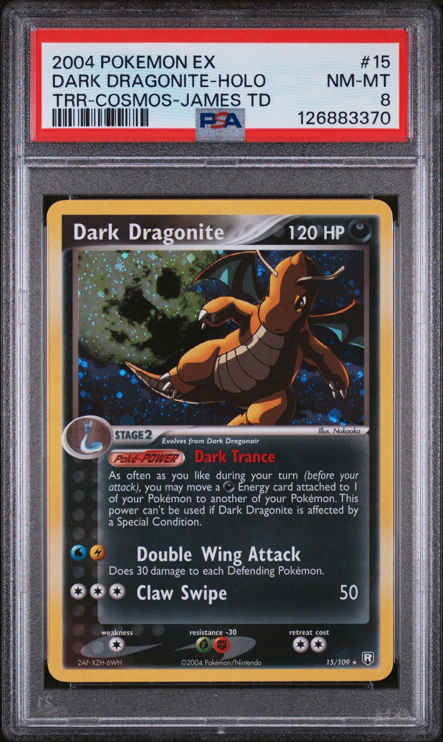 DARK DRAGONITE-HOLO TRR-COSMOS-JAMES TD 2004 POKEMON EX TEAM ROCKET RETURNS PSA NM-MT 8