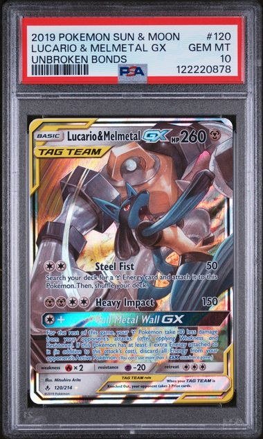 LUCARIO & MELMETAL GX UNBROKEN BONDS 2019 POKEMON SUN & MOON UNBROKEN BONDS PSA GEM MT 10