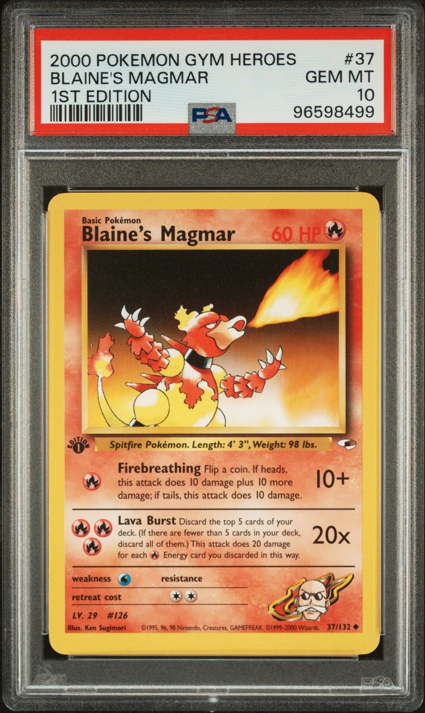 PSA GEM MT 10 - 2000 POKEMON GYM HEROES #37 BLAINE'S MAGMAR 1ST EDITION