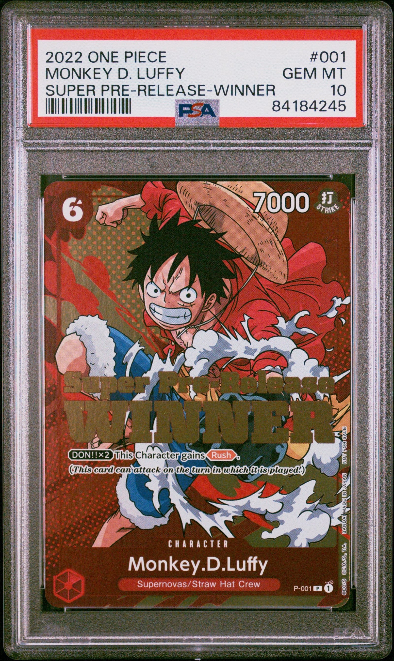 PSA GEM MT 10 - 2022 ONE PIECE PROMOS #001 MONKEY D. LUFFY SUPER PRE-RELEASE-WINNER