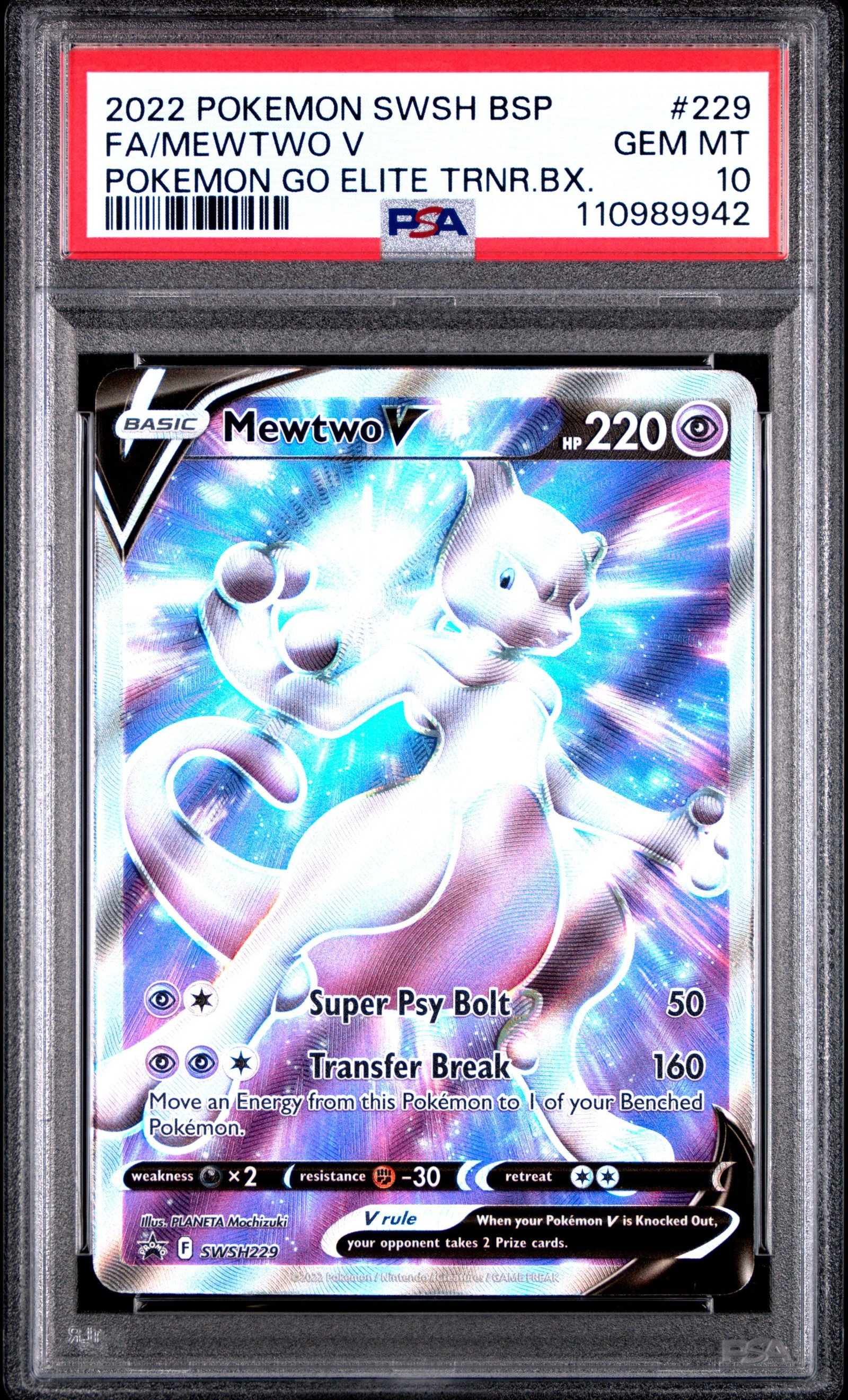 PSA GEM MT 10 - 2022 POKEMON SWSH BLACK STAR PROMO #229 FA/MEWTWO V POKEMON GO ELITE TRNR.BX.
