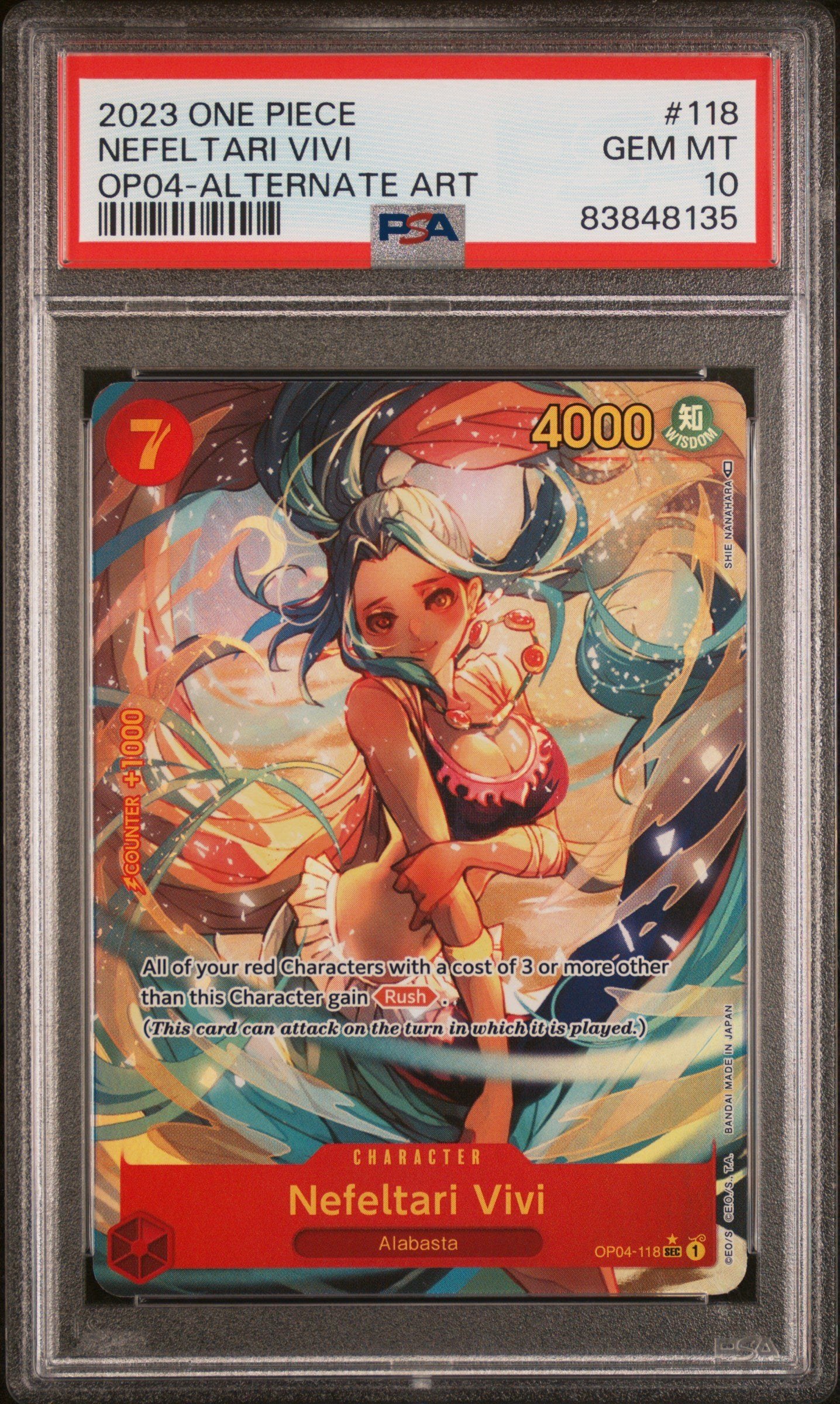 PSA GEM MT 10 - 2023 ONE PIECE OP04-KINGDOMS OF INTRIGUE #118 NEFELTARI VIVI ALTERNATE ART