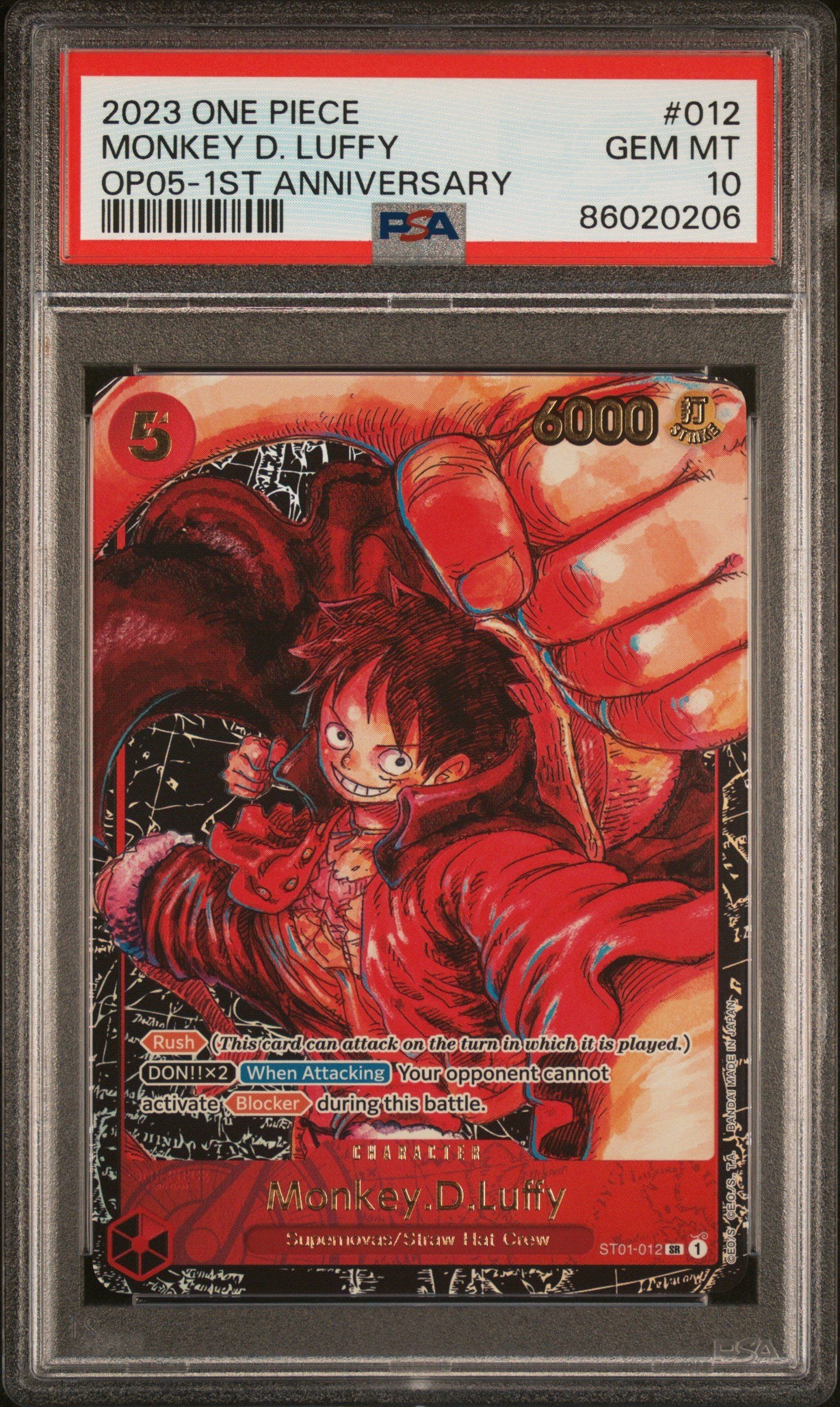 PSA GEM MT 10 - 2023 ONE PIECE OP05-AWAKENING OF THE NEW ERA #012 MONKEY D. LUFFY 1ST ANNIVERSARY