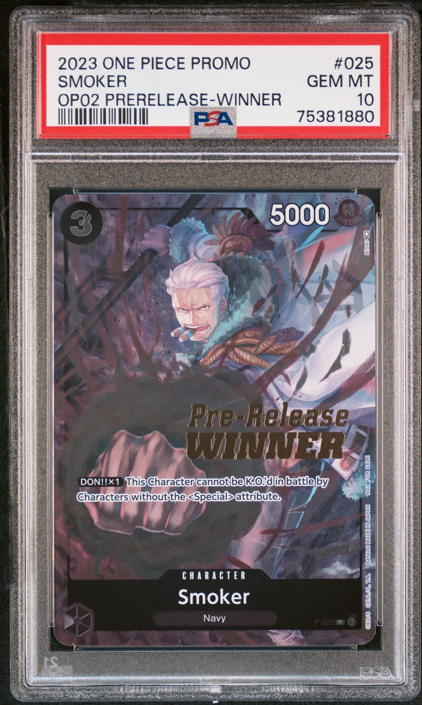 PSA GEM MT 10 - 2023 ONE PIECE PROMOS #025 SMOKER OP02 PRE-RELEASE-WINNER