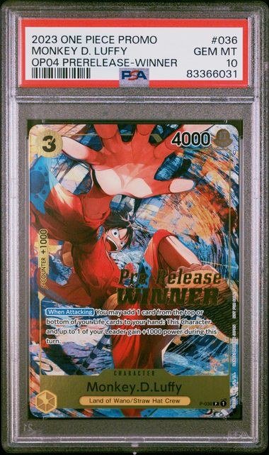 PSA GEM MT 10 - 2023 ONE PIECE PROMOS #036 MONKEY D. LUFFY OP04 PRE-RELEASE-WINNER