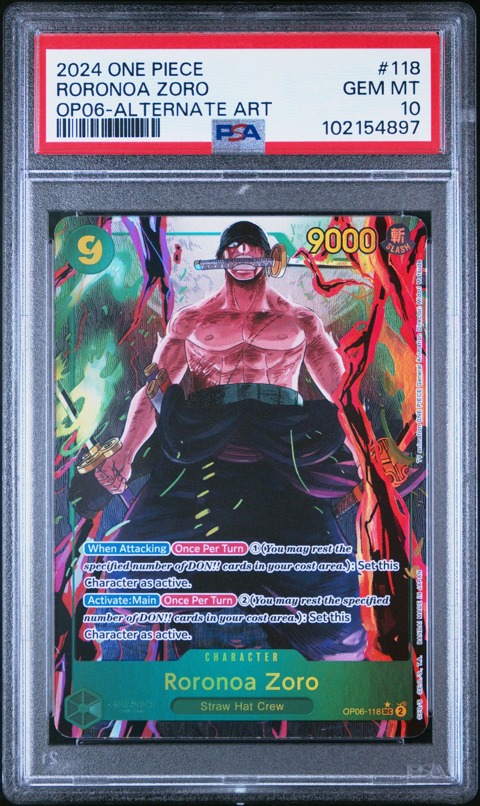 PSA GEM MT 10 - 2024 ONE PIECE OP06-WINGS OF THE CAPTAIN #118 RORONOA ZORO ALTERNATE ART