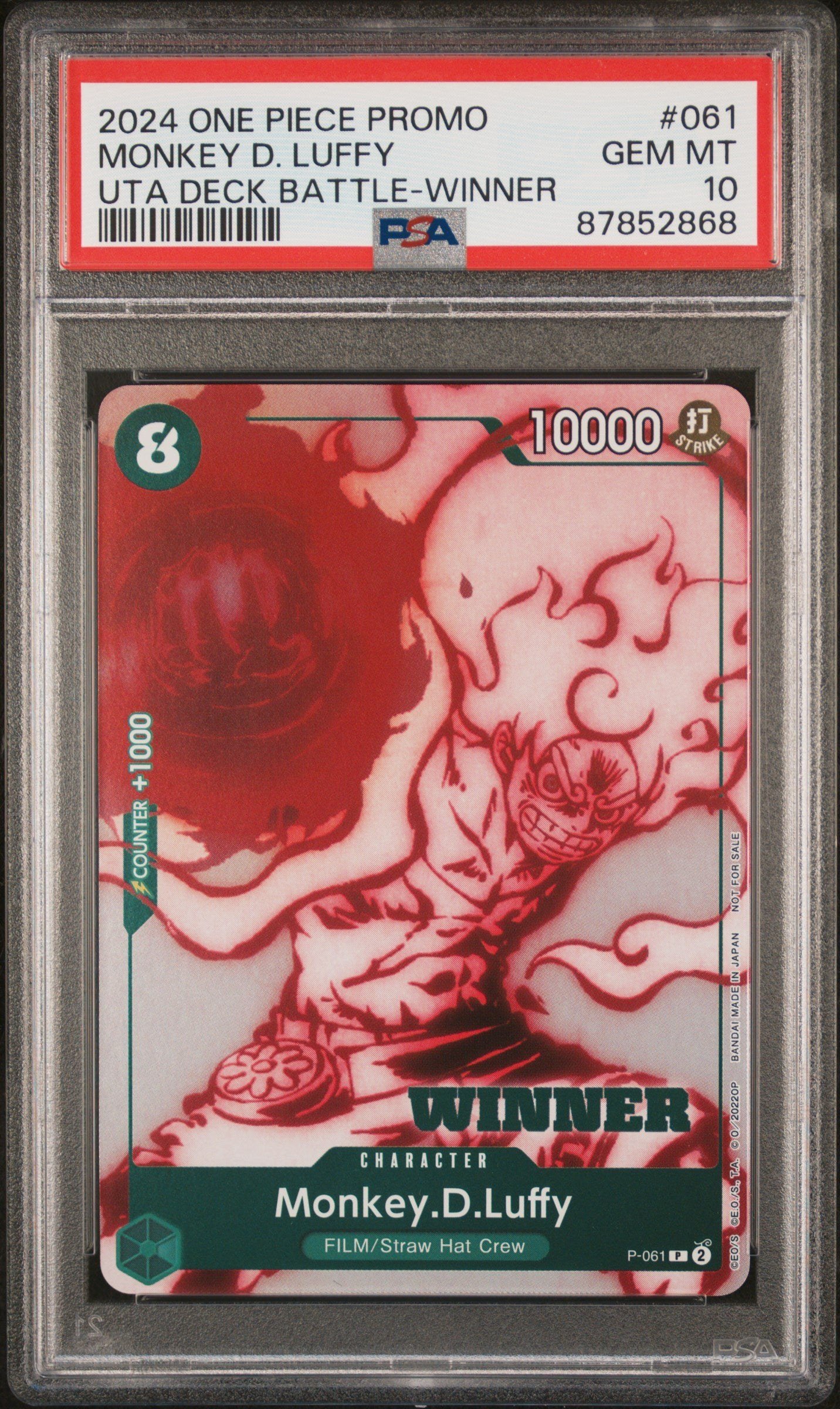 PSA GEM MT 10 - 2024 ONE PIECE PROMOS #061 MONKEY D. LUFFY UTA DECK BATTLE-WINNER