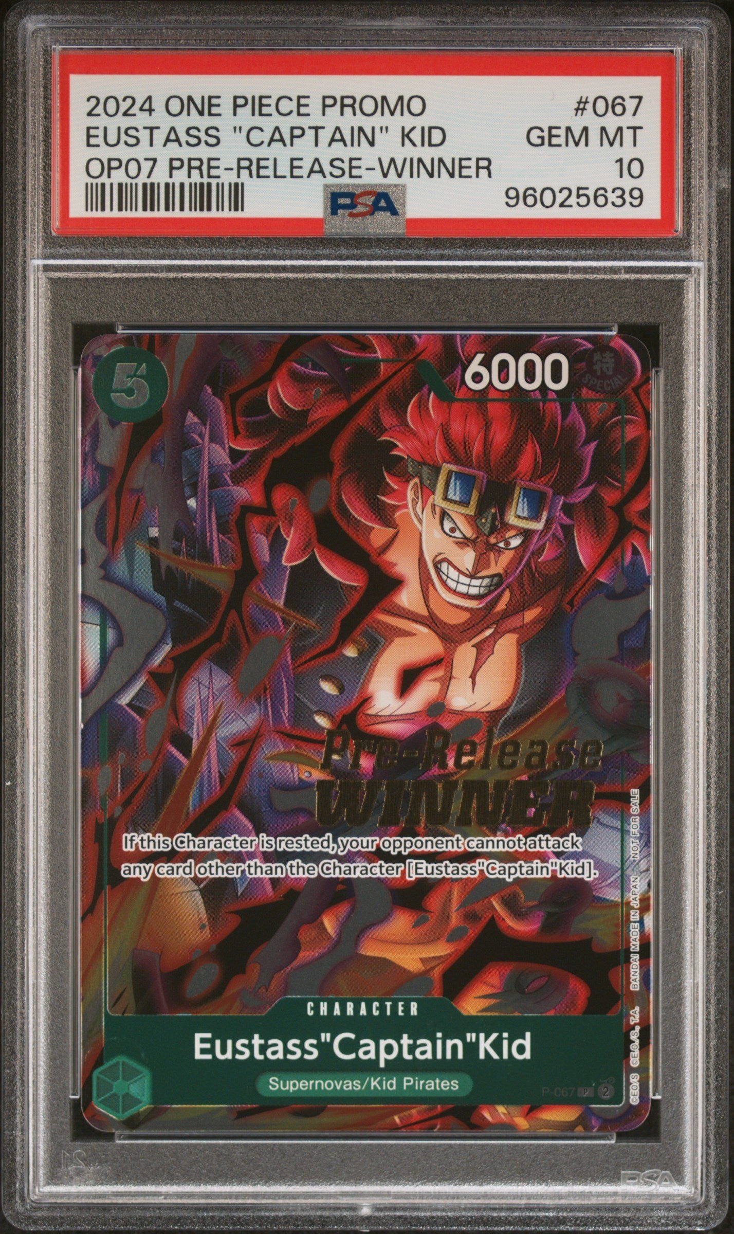 PSA GEM MT 10 - 2024 ONE PIECE PROMOS #067 EUSTASS "CAPTAIN" KID OP07 PRE-RELEASE-WINNER