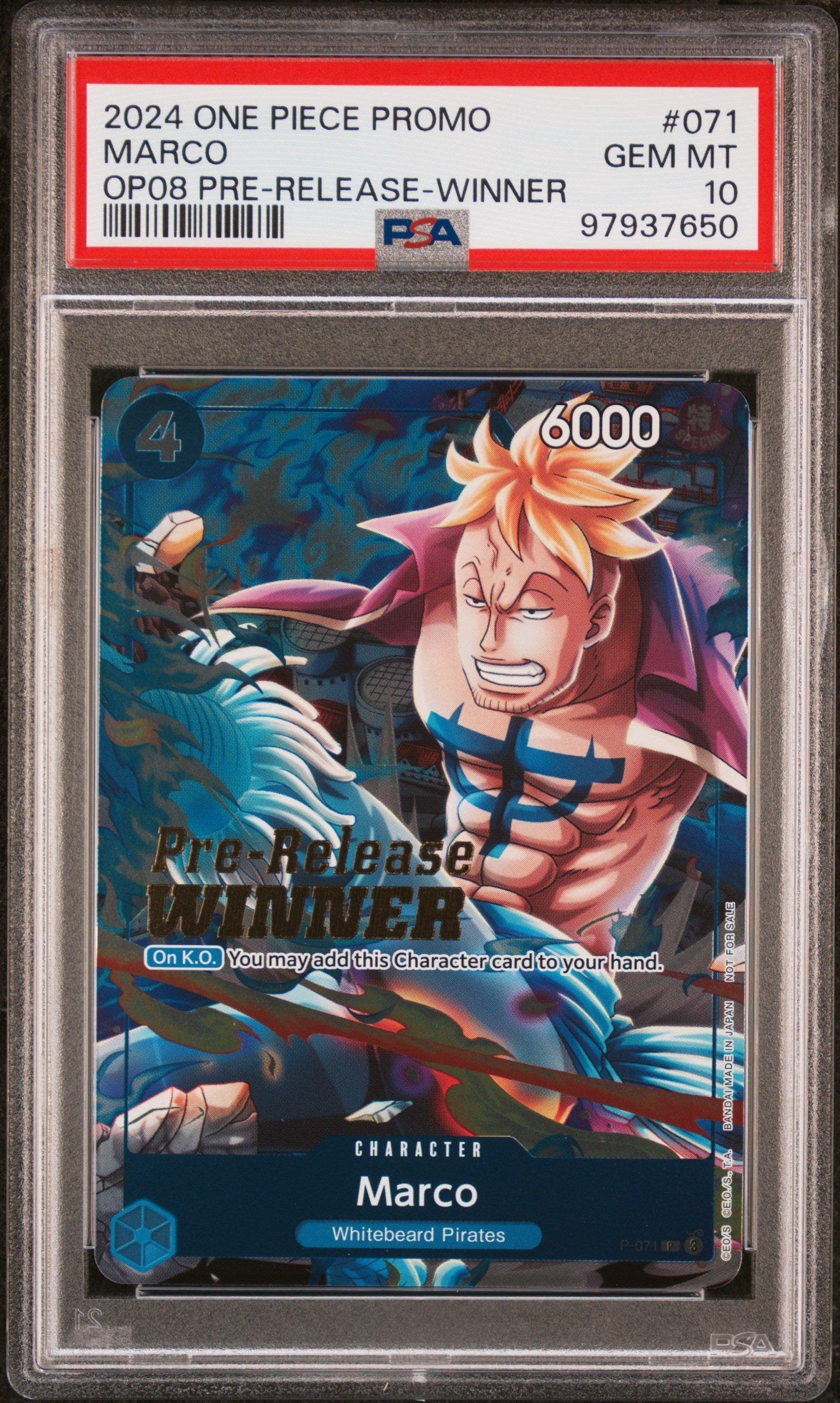 PSA GEM MT 10 - 2024 ONE PIECE PROMOS #071 MARCO OP08 PRE-RELEASE-WINNER