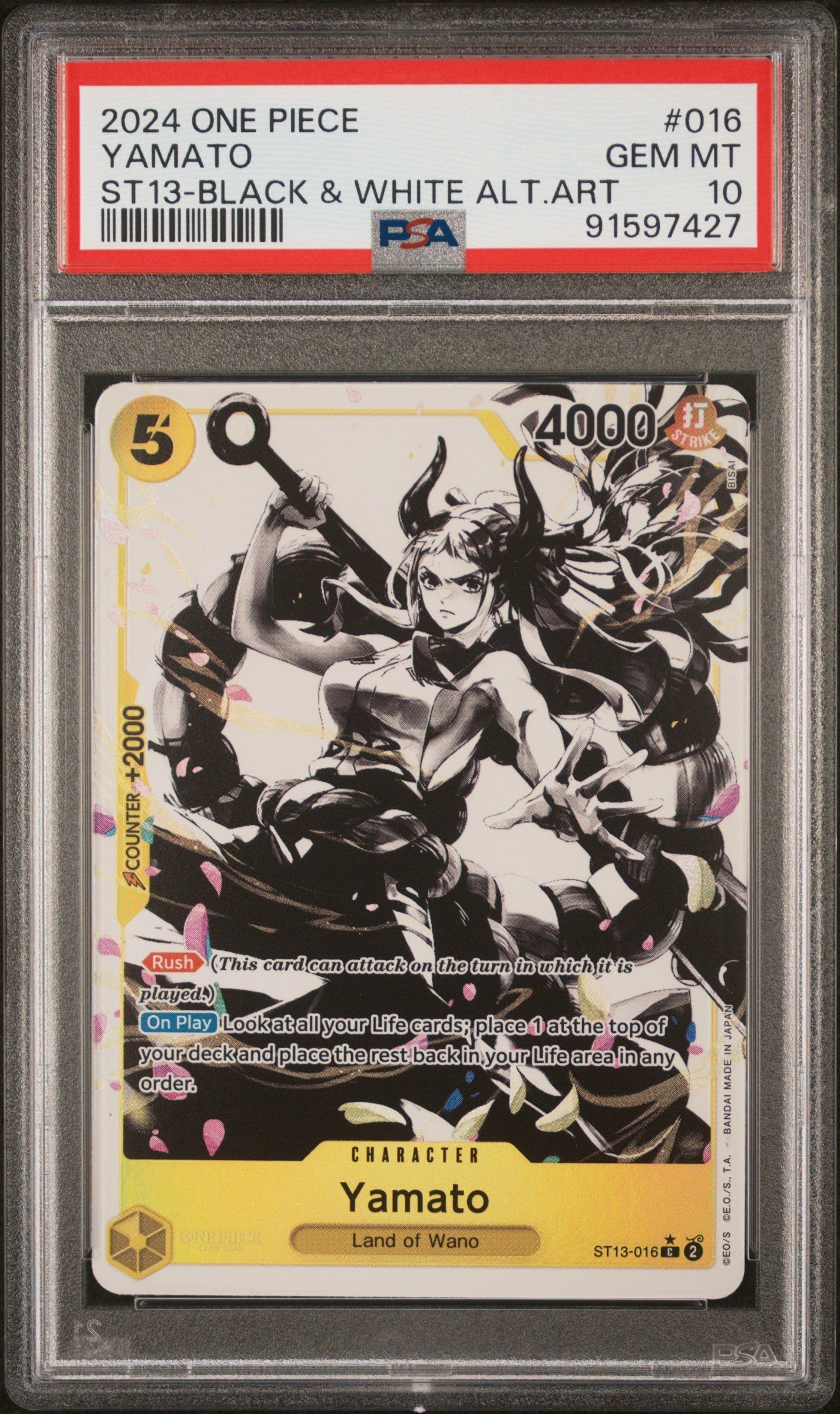 PSA GEM MT 10 - 2024 ONE PIECE ULTRA DECK ST13-THE THREE BROTHERS #016 YAMATO BLACK & WHITE ALT ART