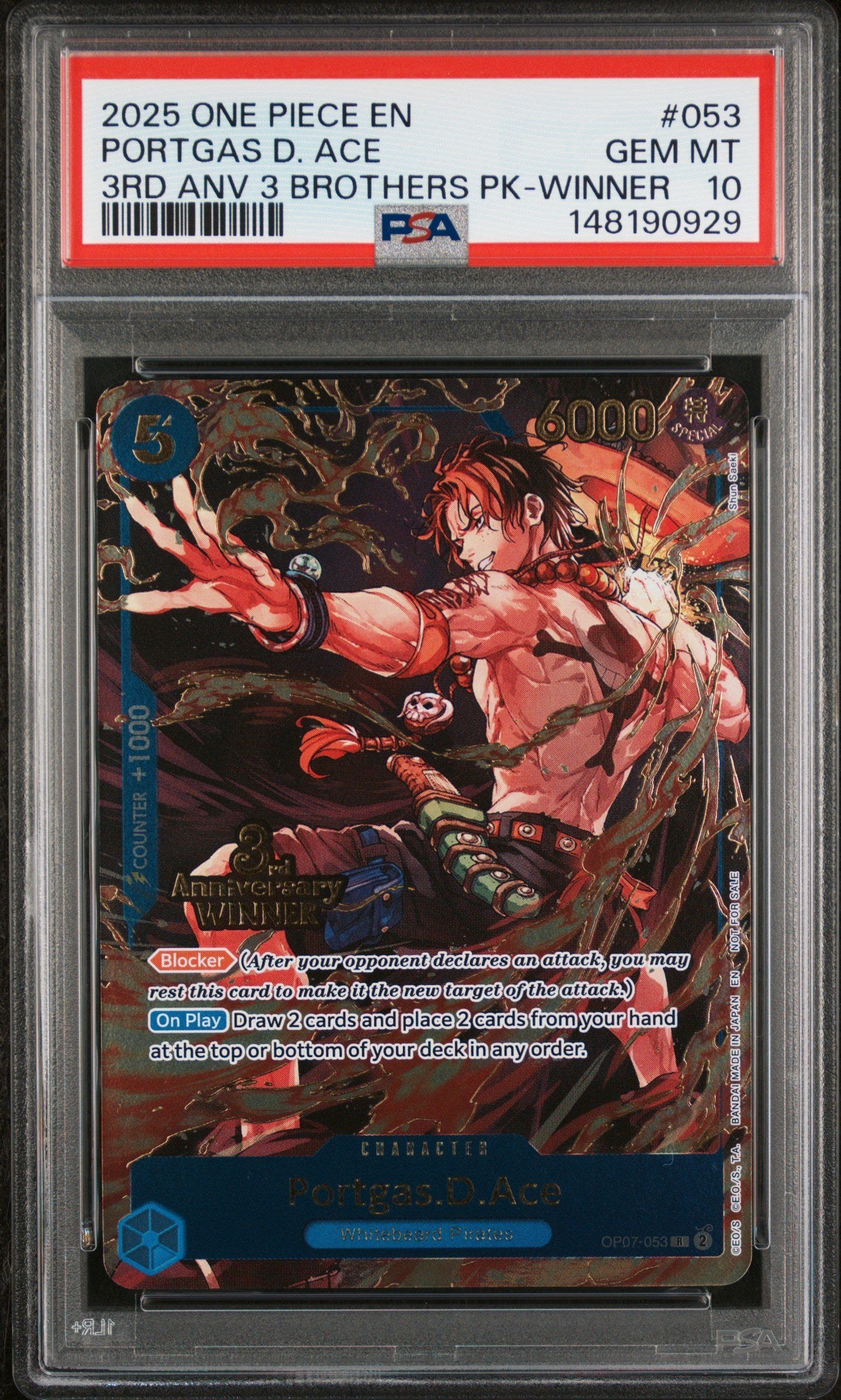 PSA GEM MT 10 - 2025 ONE PIECE 3RD ANNIVERSARY TOURNAMENT 3 BROTHERS PACK #053 PORTGAS D. ACE 3RD ANV 3 BROTHERS PK-WINNER