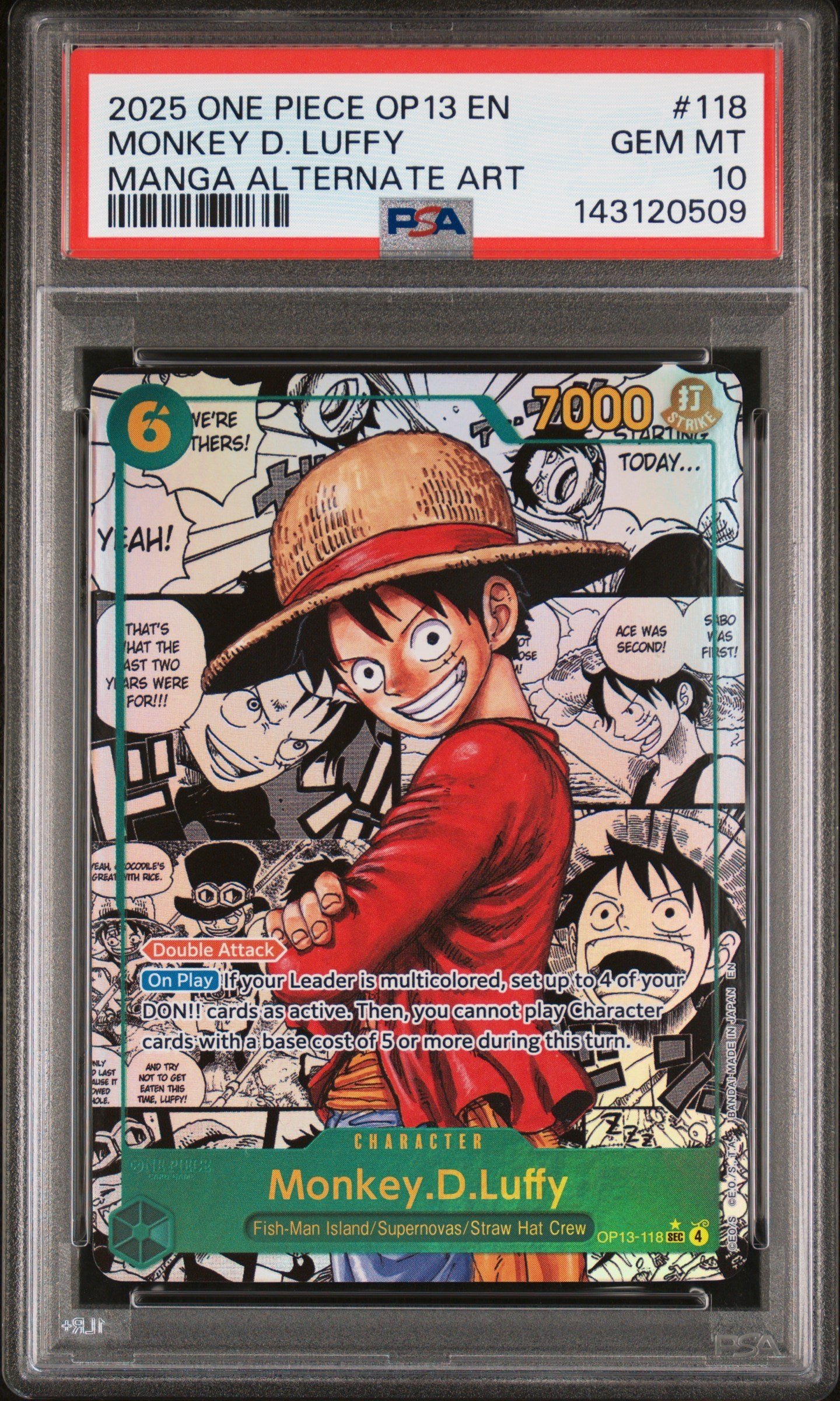 PSA GEM MT 10 - 2025 ONE PIECE OP13-CARRYING ON HIS WILL #118 MONKEY D. LUFFY MANGA ALTERNATE ART