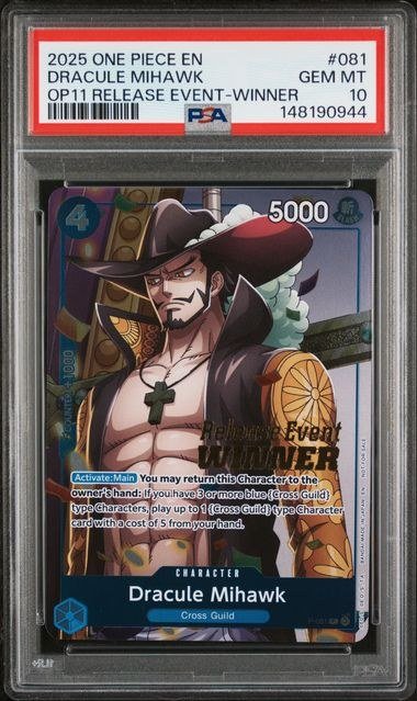 PSA GEM MT 10 - 2025 ONE PIECE PROMOS #081 DRACULE MIHAWK OP11 RELEASE EVENT-WINNER