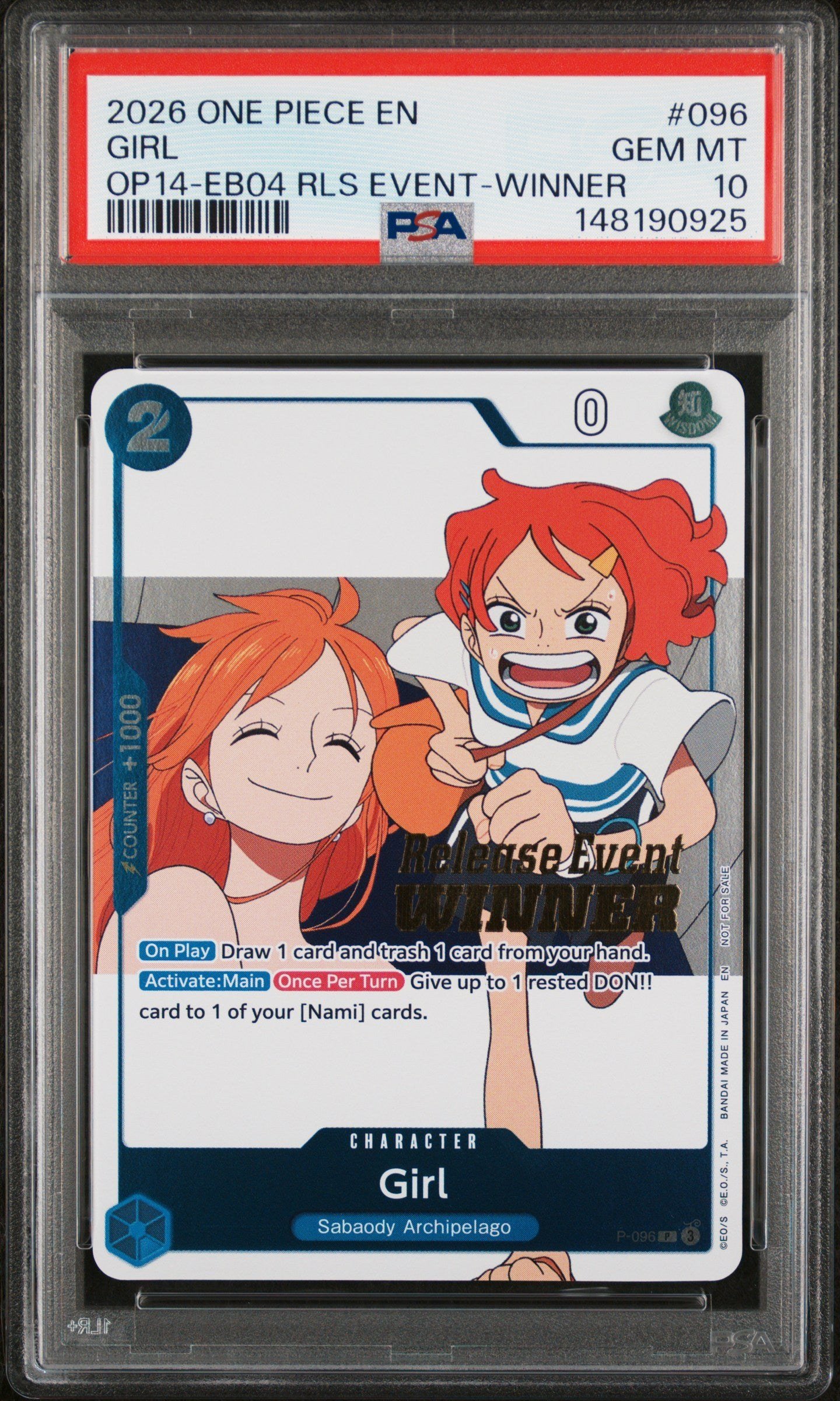 PSA GEM MT 10 - 2026 ONE PIECE PROMOS #096 GIRL OP14-EB04 RLS EVENT-WINNER