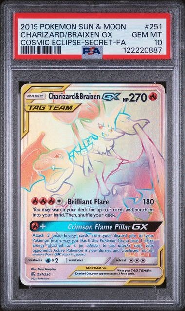 PSA GEM MT 10 - CHARIZARD/BRAIXEN GX COSMIC ECLIPSE-SECRET-FA 2019 POKEMON SUN & MOON COSMIC ECLIPSE