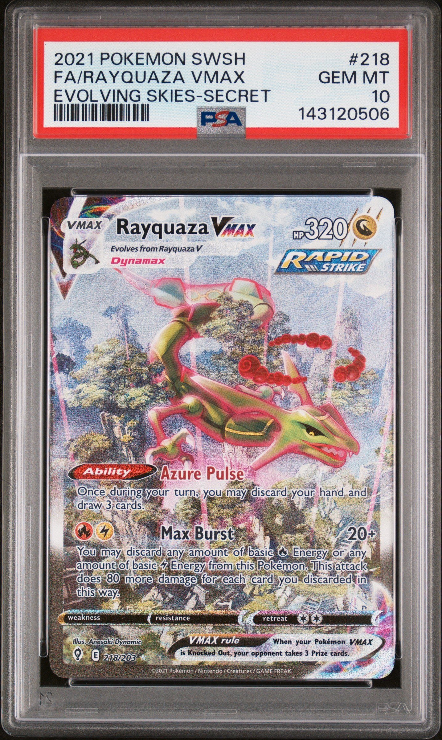 PSA GEM MT 10 - FA/RAYQUAZA VMAX EVOLVING SKIES-SECRET 2021 POKEMON SWORD & SHIELD EVOLVING SKIES