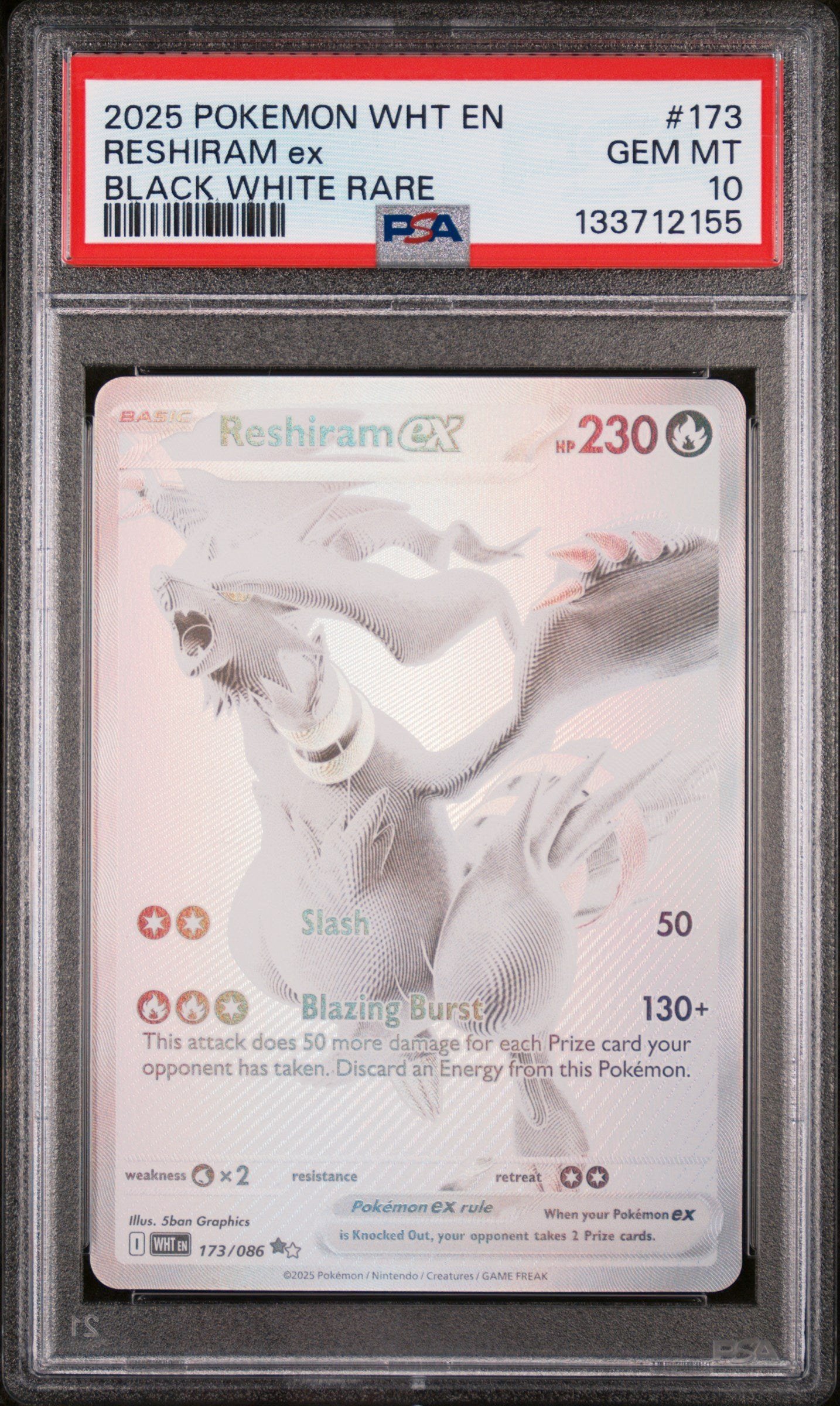 PSA GEM MT 10 - RESHIRAM ex BLACK WHITE RARE 2025 POKEMON WHT EN-WHITE FLARE