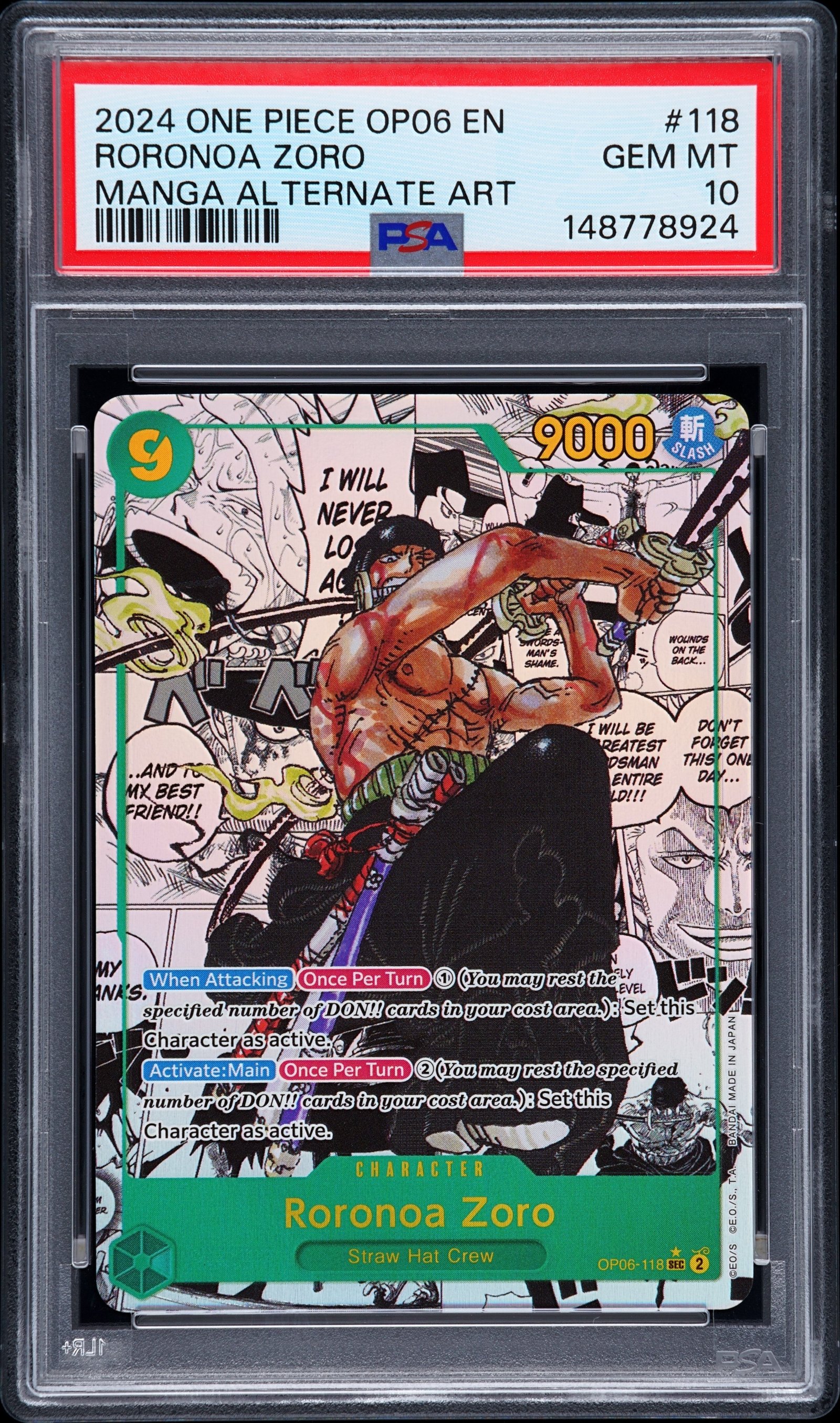 PSA GEM MT 10 - RORONOA ZORO MANGA ALTERNATE ART 2024 ONE PIECE OP06-WINGS OF THE CAPTAIN