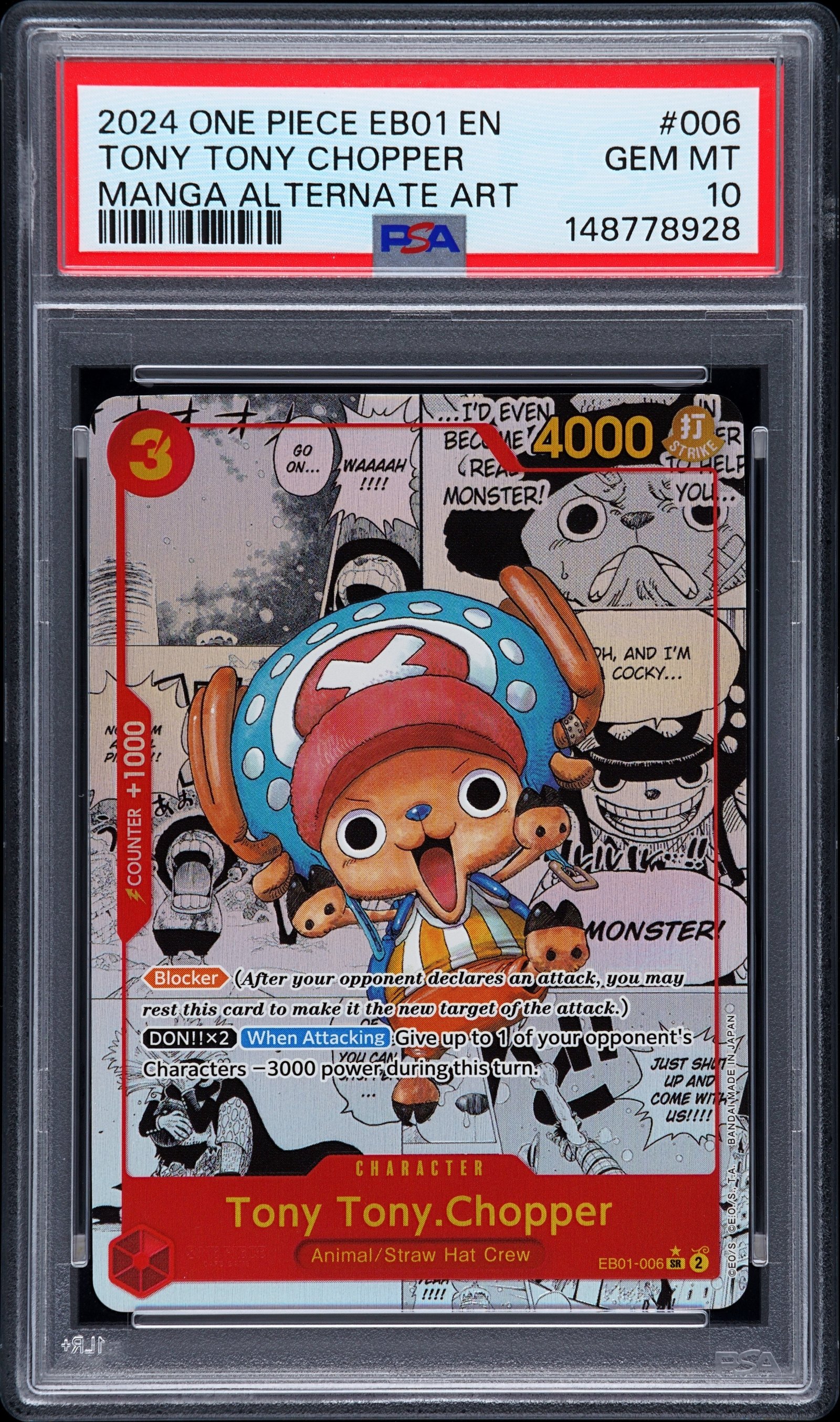 PSA GEM MT 10 - TONY TONY CHOPPER MANGA ALTERNATE ART 2024 ONE PIECE EB01-EXTRA BOOSTER -MEMORIAL COLLECTION-