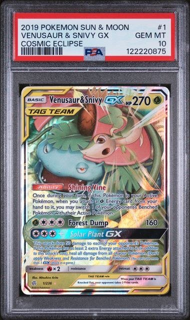 PSA GEM MT 10 - VENUSAUR & SNIVY GX COSMIC ECLIPSE 2019 POKEMON SUN & MOON COSMIC ECLIPSE