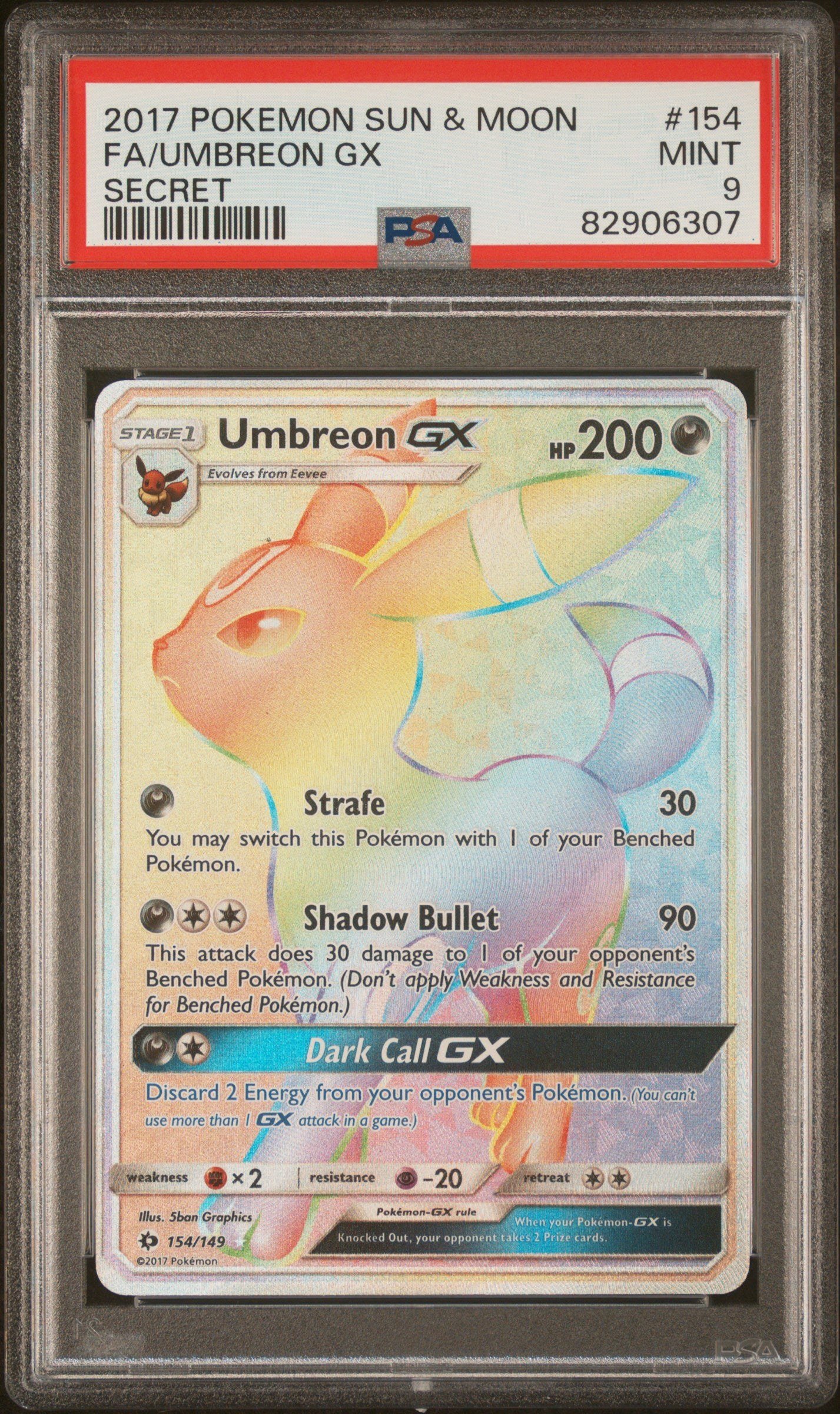 PSA MINT 9 - 2017 POKEMON SUN & MOON #154 FA/UMBREON GX SECRET
