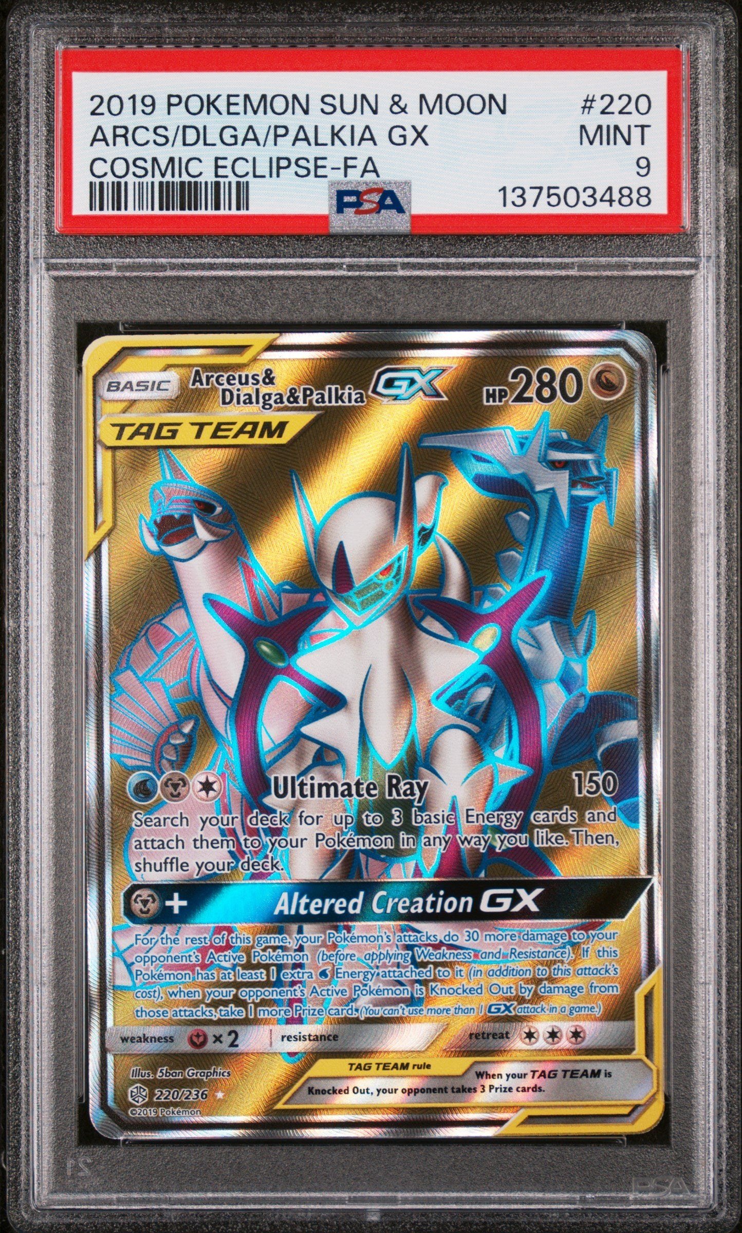 PSA MINT 9 - 2019 POKEMON SUN & MOON COSMIC ECLIPSE #220 ARCS/DLGA/PALKIA GX COSMIC ECLIPSE-FA