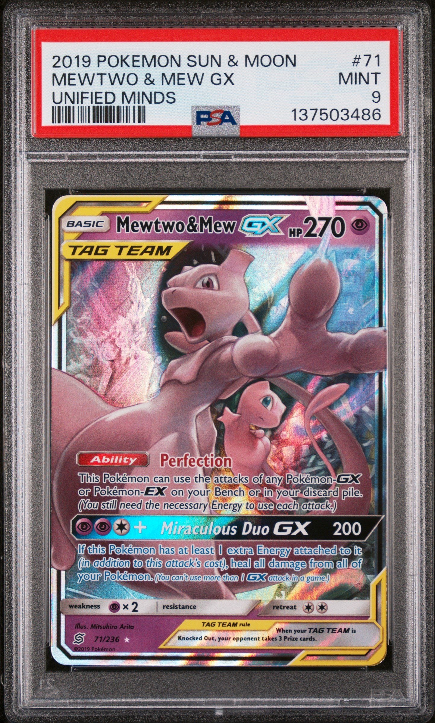 PSA MINT 9 - 2019 POKEMON SUN & MOON UNIFIED MINDS #71 MEWTWO & MEW GX UNIFIED MINDS
