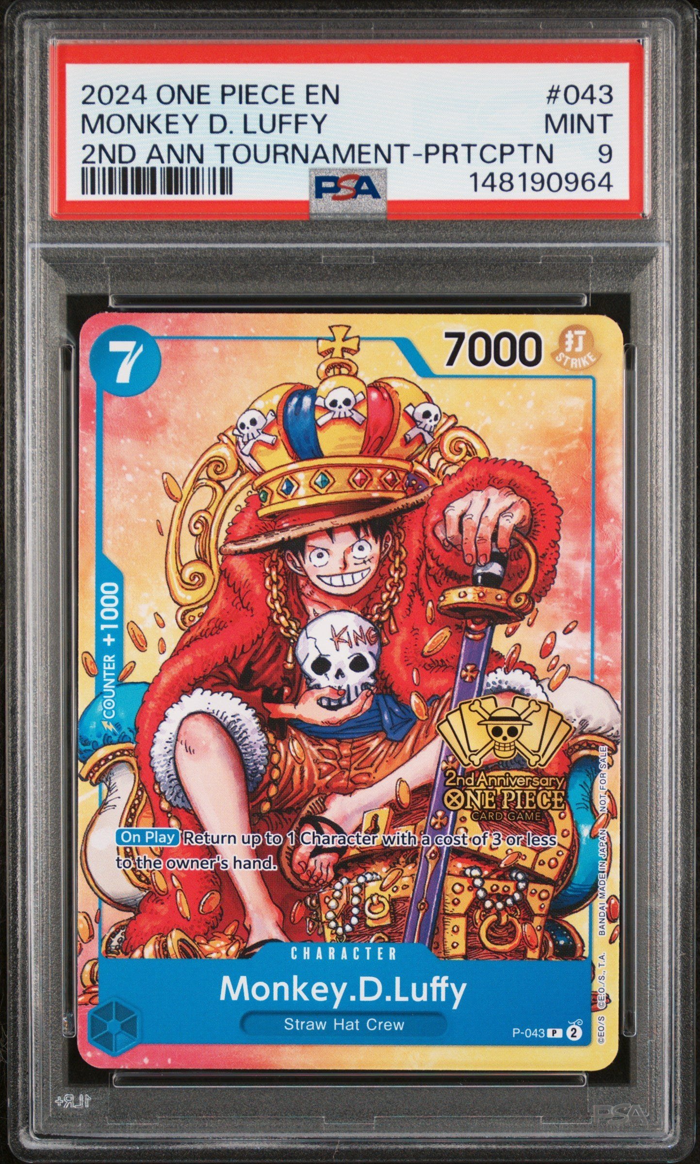 PSA MINT 9 - 2024 ONE PIECE PROMOS #043 MONKEY D. LUFFY 2ND ANN TOURNAMENT-PRTCPTN