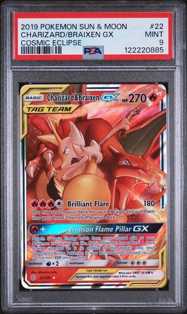 PSA MINT 9 - CHARIZARD/BRAIXEN GX COSMIC ECLIPSE 2019 POKEMON SUN & MOON COSMIC ECLIPSE