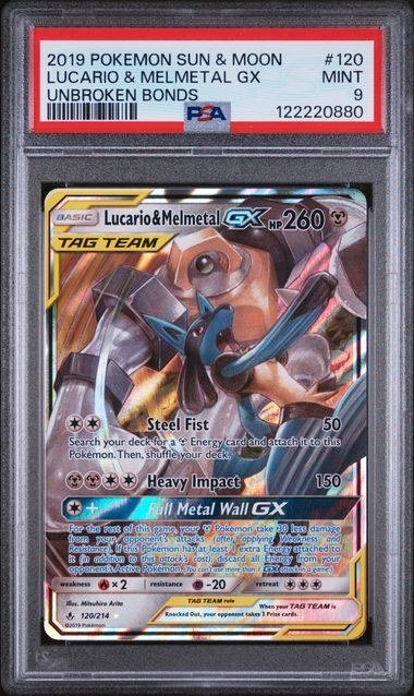 PSA MINT 9 - LUCARIO & MELMETAL GX UNBROKEN BONDS 2019 POKEMON SUN & MOON UNBROKEN BONDS