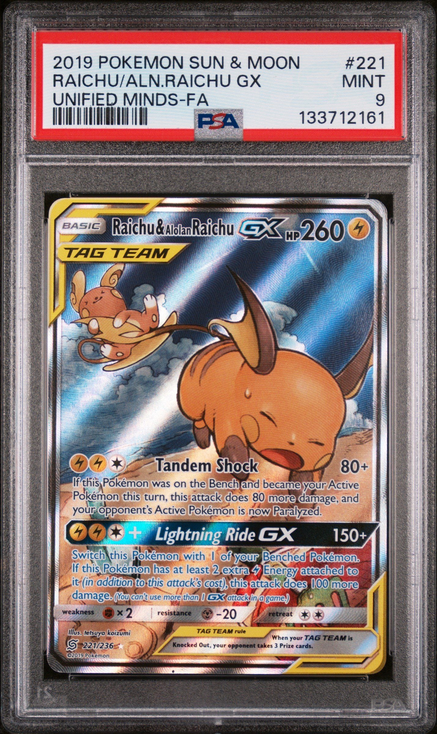PSA MINT 9 - RAICHU/ALN.RAICHU GX UNIFIED MINDS-FA 2019 POKEMON SUN & MOON UNIFIED MINDS