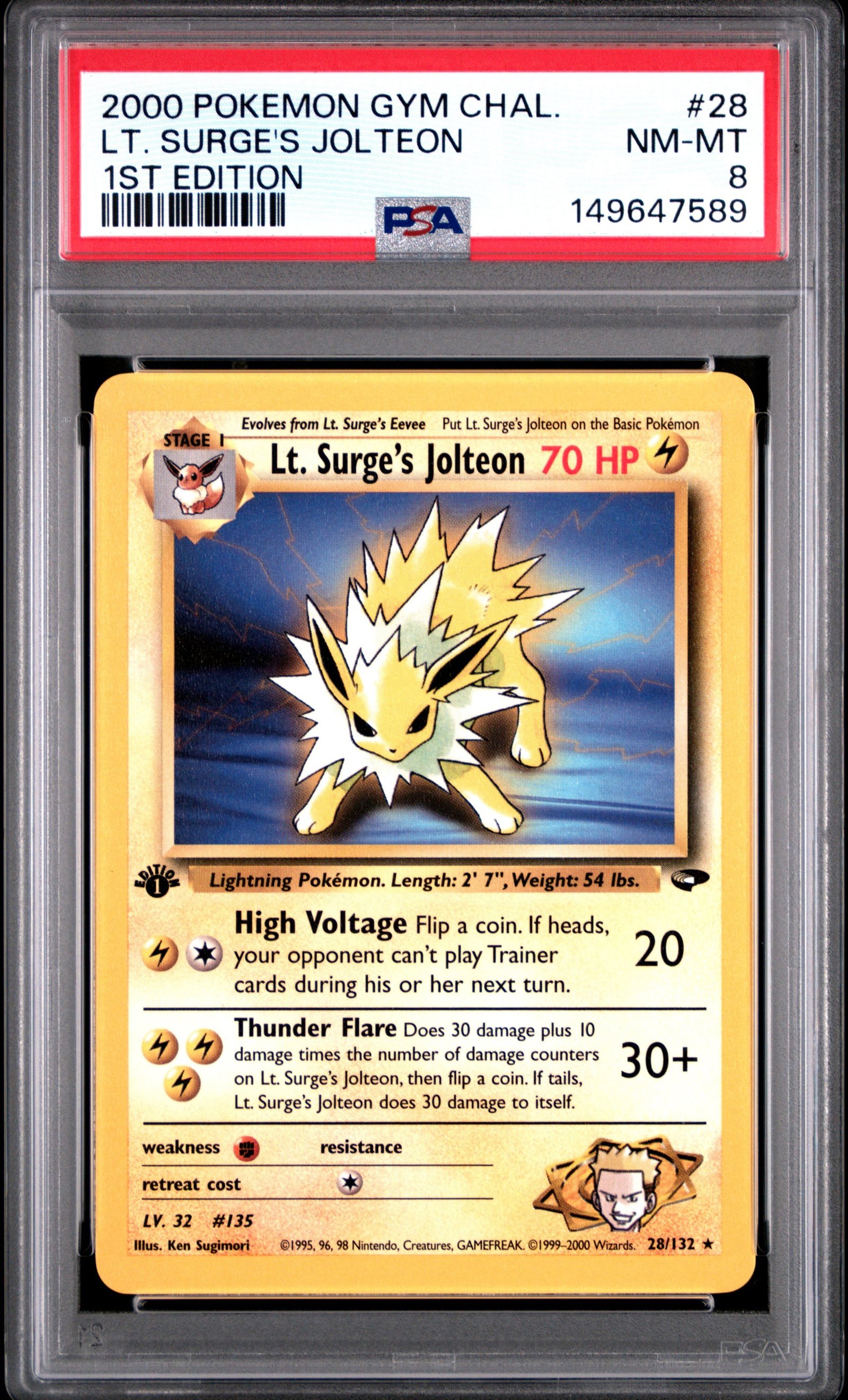 PSA NM-MT 8 - 2000 POKEMON GYM CHALLENGE #28 LT. SURGE'S JOLTEON 1ST EDITION