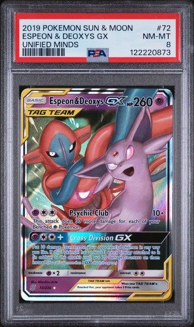 PSA NM-MT 8 - ESPEON & DEOXYS GX UNIFIED MINDS 2019 POKEMON SUN & MOON UNIFIED MINDS